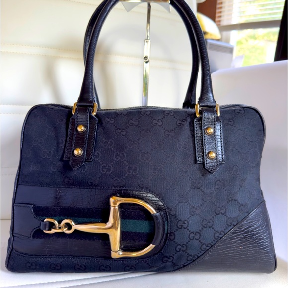 Gucci Black Horsebit GG web Canvas Boston  Bag - Picture 1 of 14